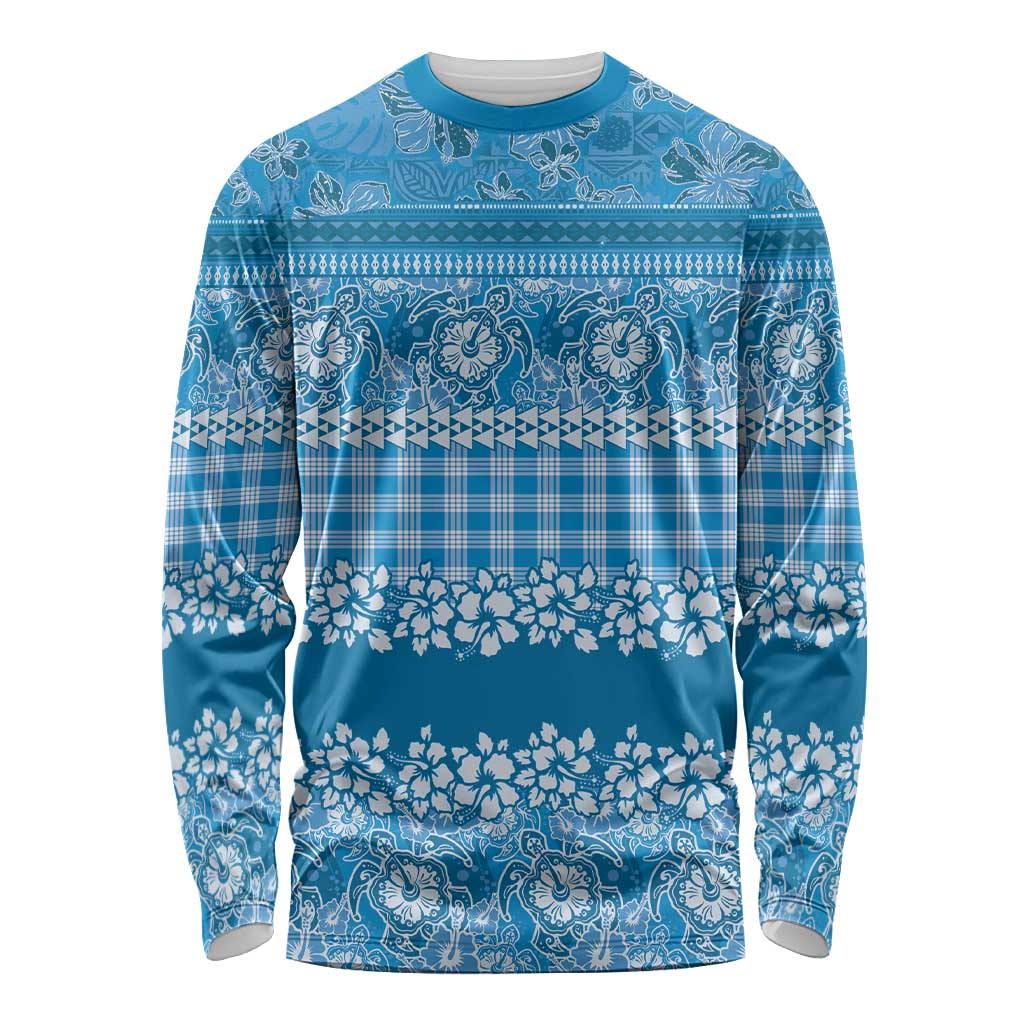 Hawaiian Hibiscus Honu Long Sleeve Shirt Blue Mele Kalikimaka Palaka Spirit - Polynesian Pride