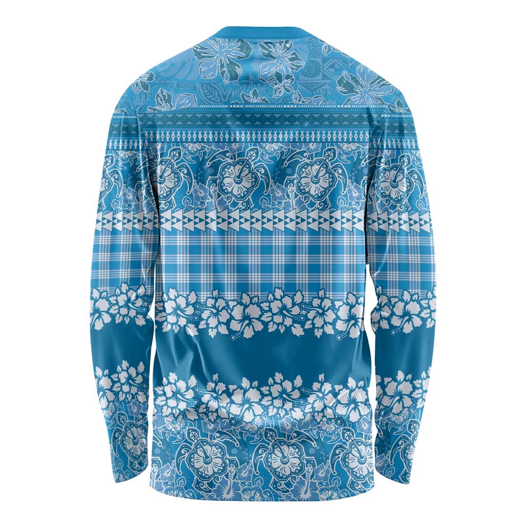 Hawaiian Hibiscus Honu Long Sleeve Shirt Blue Mele Kalikimaka Palaka Spirit - Polynesian Pride