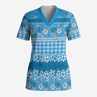 Hawaiian Hibiscus Honu Scrub Top Blue Mele Kalikimaka Palaka Spirit - Polynesian Pride