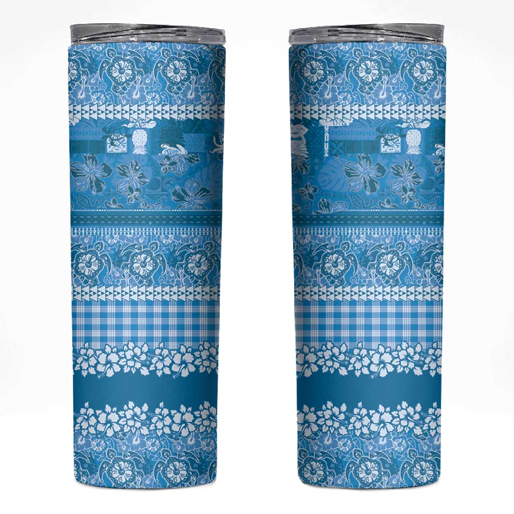 Hawaiian Hibiscus Honu Skinny Tumbler Blue Mele Kalikimaka Palaka Spirit - Polynesian Pride