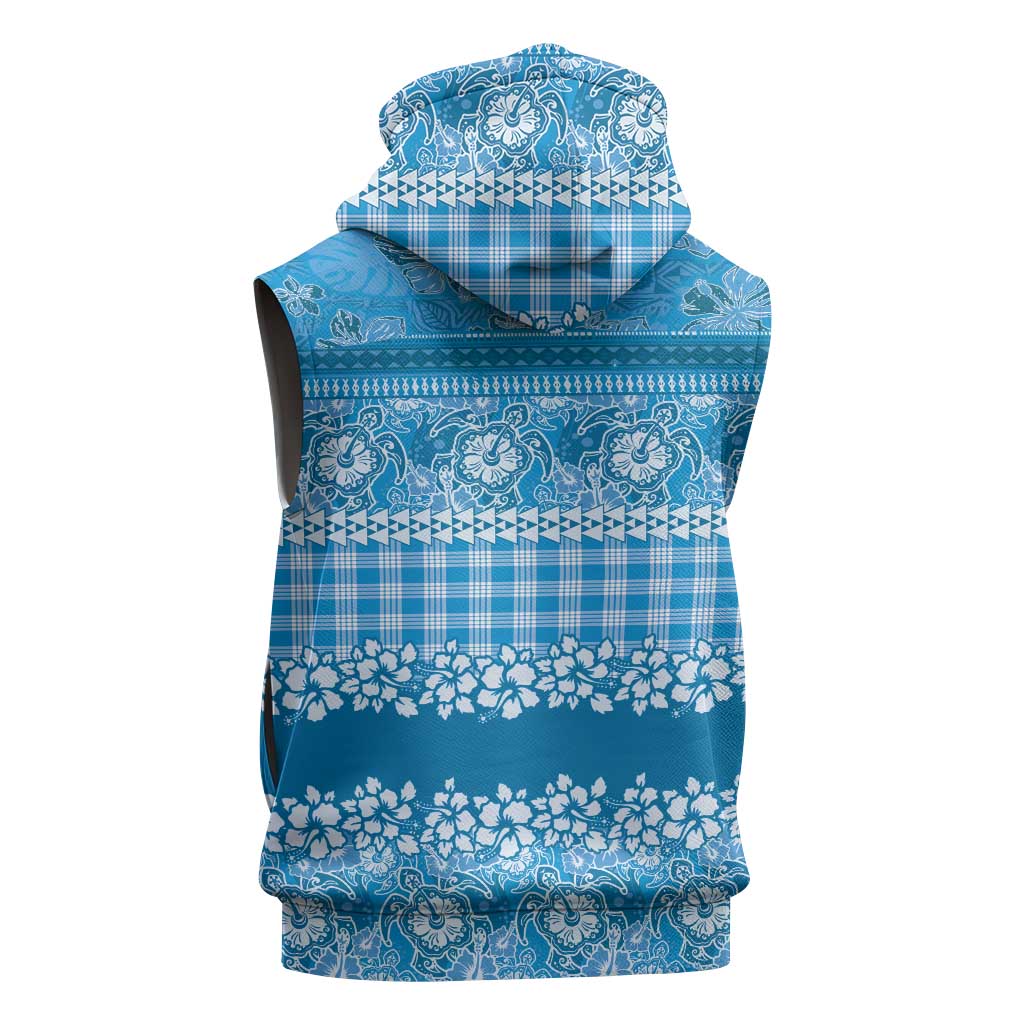 Hawaiian Hibiscus Honu Sleeveless Hoodie Blue Mele Kalikimaka Palaka Spirit - Polynesian Pride