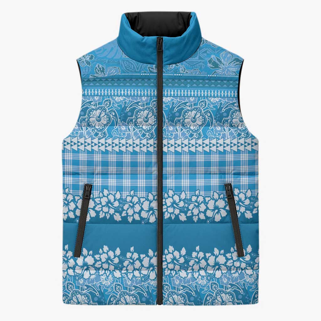 Hawaiian Hibiscus Honu Sleeveless Puffer Jacket Blue Mele Kalikimaka Palaka Spirit - Polynesian Pride