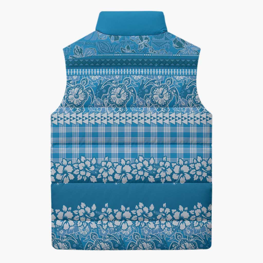 Hawaiian Hibiscus Honu Sleeveless Puffer Jacket Blue Mele Kalikimaka Palaka Spirit - Polynesian Pride