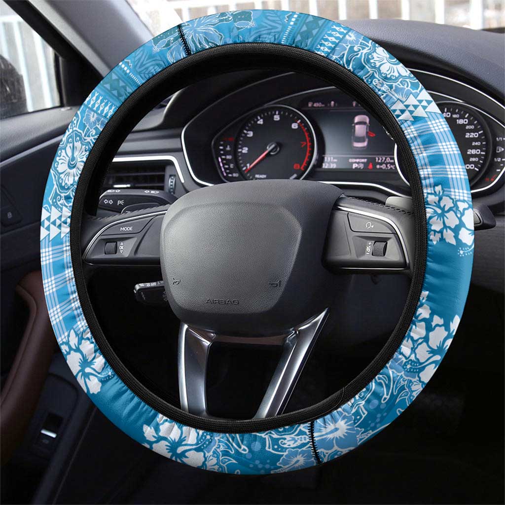 Hawaiian Hibiscus Honu Steering Wheel Cover Blue Mele Kalikimaka Palaka Spirit - Polynesian Pride