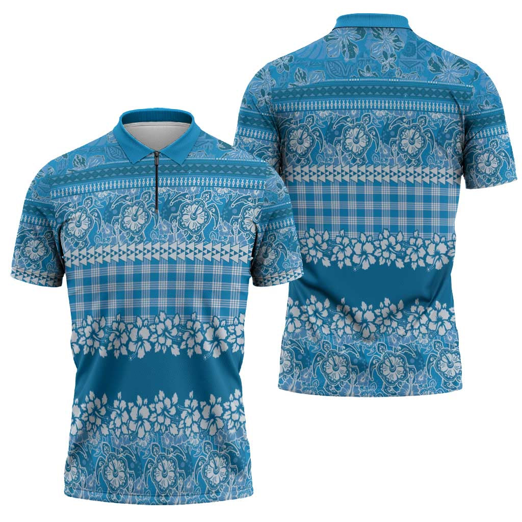 Hawaiian Hibiscus Honu Zipper Polo Shirt Blue Mele Kalikimaka Palaka Spirit - Polynesian Pride