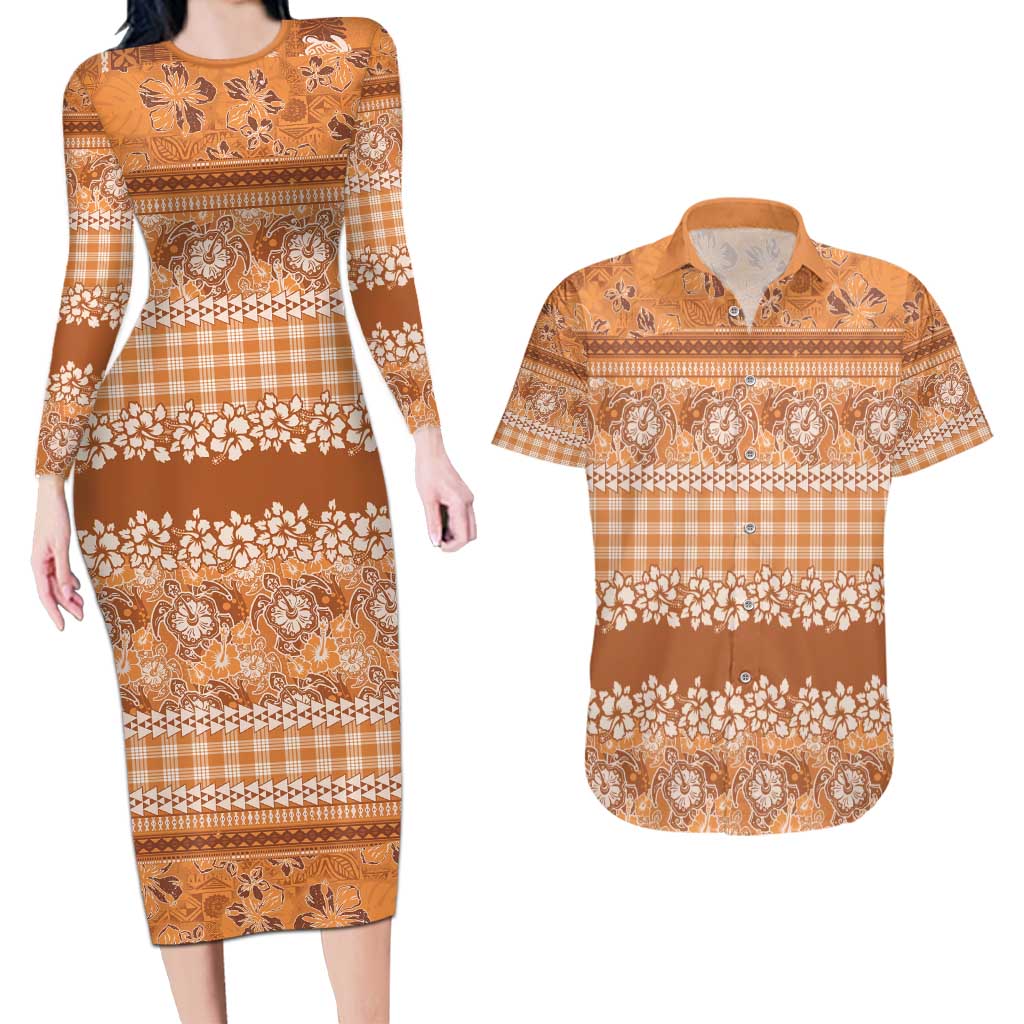 Hawaiian Hibiscus Honu Couples Matching Long Sleeve Bodycon Dress and Hawaiian Shirt Gold Mele Kalikimaka Palaka Spirit - Polynesian Pride
