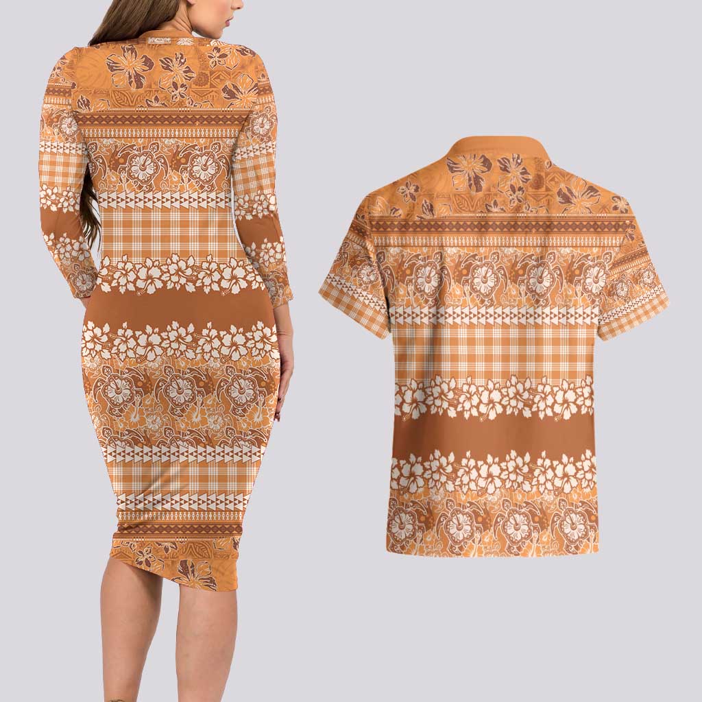Hawaiian Hibiscus Honu Couples Matching Long Sleeve Bodycon Dress and Hawaiian Shirt Gold Mele Kalikimaka Palaka Spirit - Polynesian Pride