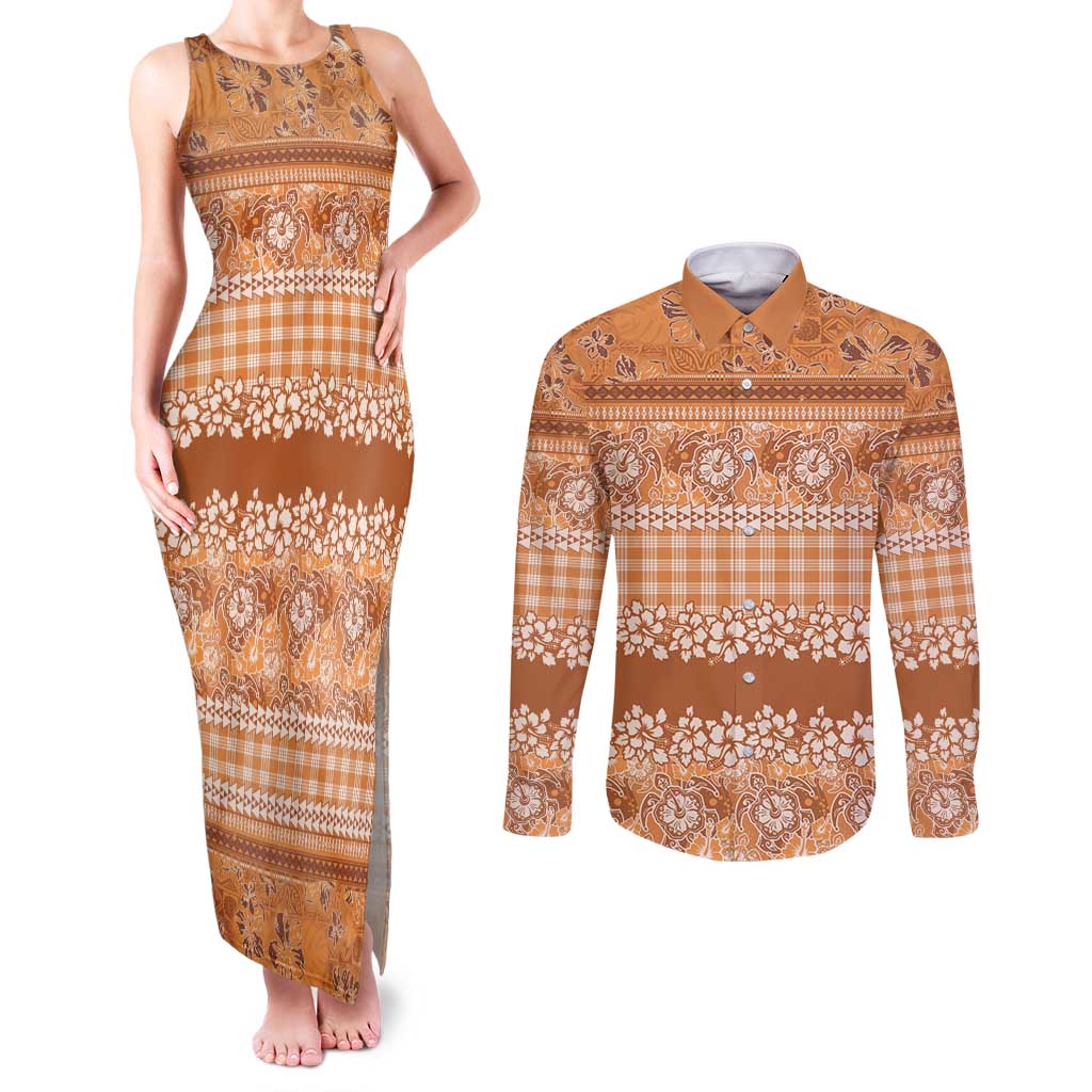 Hawaiian Hibiscus Honu Couples Matching Tank Maxi Dress and Long Sleeve Button Shirt Gold Mele Kalikimaka Palaka Spirit - Polynesian Pride