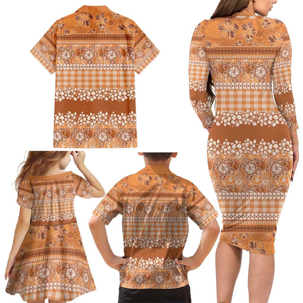 Hawaiian Hibiscus Honu Family Matching Long Sleeve Bodycon Dress and Hawaiian Shirt Gold Mele Kalikimaka Palaka Spirit - Polynesian Pride