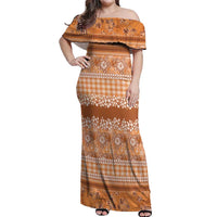 Hawaiian Hibiscus Honu Off Shoulder Maxi Dress Gold Mele Kalikimaka Palaka Spirit - Polynesian Pride