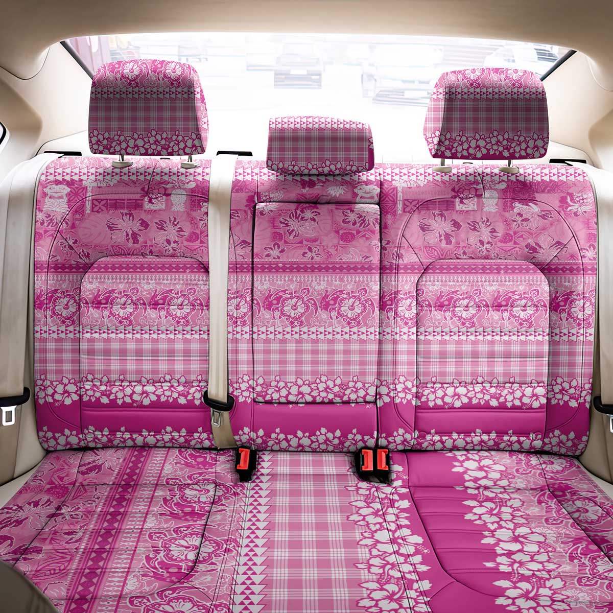 Hawaiian Hibiscus Honu Back Car Seat Cover Pink Mele Kalikimaka Palaka Spirit - Polynesian Pride