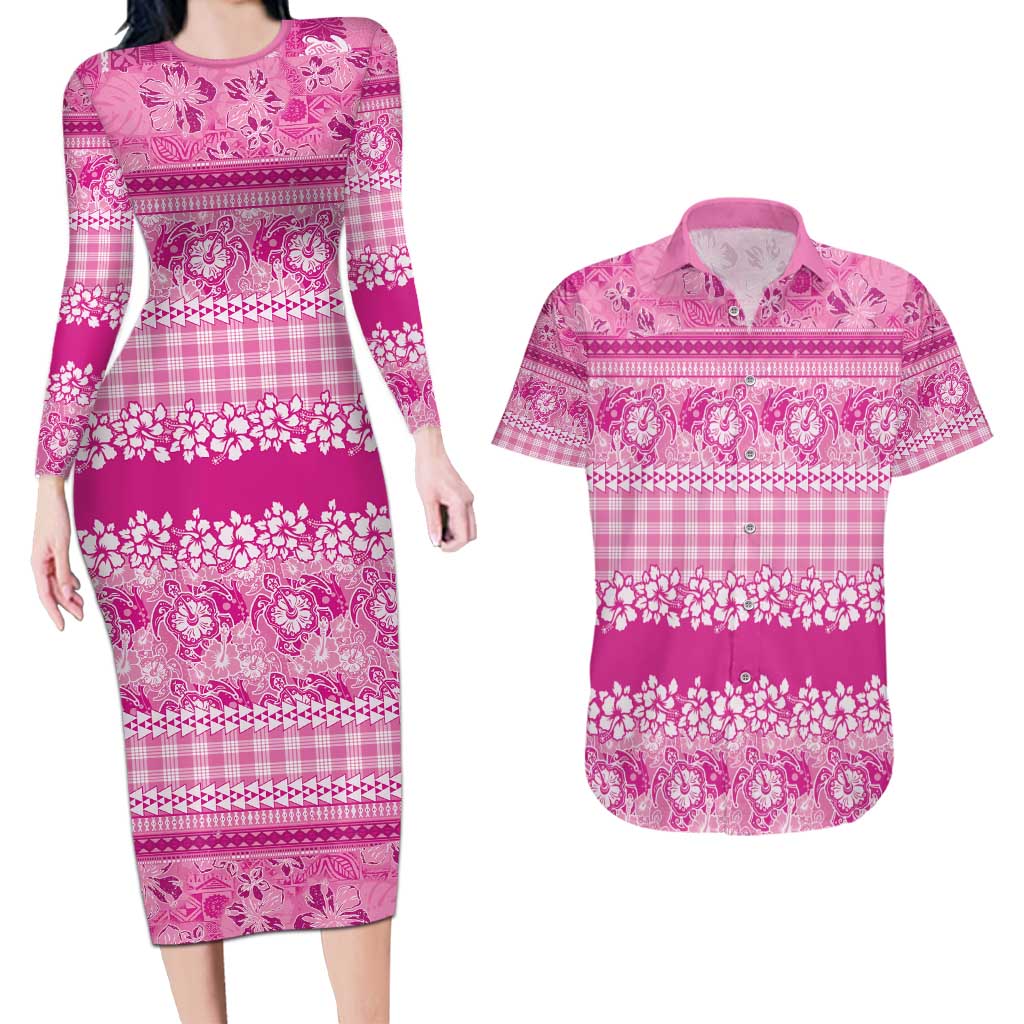 Hawaiian Hibiscus Honu Couples Matching Long Sleeve Bodycon Dress and Hawaiian Shirt Pink Mele Kalikimaka Palaka Spirit - Polynesian Pride
