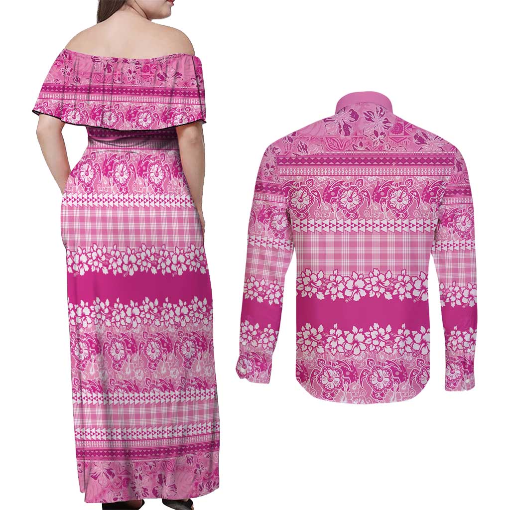 Hawaiian Hibiscus Honu Couples Matching Off Shoulder Maxi Dress and Long Sleeve Button Shirt Pink Mele Kalikimaka Palaka Spirit - Polynesian Pride