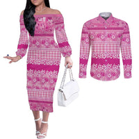 Hawaiian Hibiscus Honu Couples Matching Off The Shoulder Long Sleeve Dress and Long Sleeve Button Shirt Pink Mele Kalikimaka Palaka Spirit - Polynesian Pride