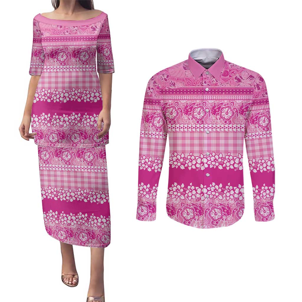 Hawaiian Hibiscus Honu Couples Matching Puletasi and Long Sleeve Button Shirt Pink Mele Kalikimaka Palaka Spirit - Polynesian Pride