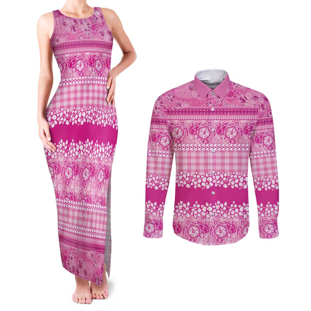 Hawaiian Hibiscus Honu Couples Matching Tank Maxi Dress and Long Sleeve Button Shirt Pink Mele Kalikimaka Palaka Spirit - Polynesian Pride