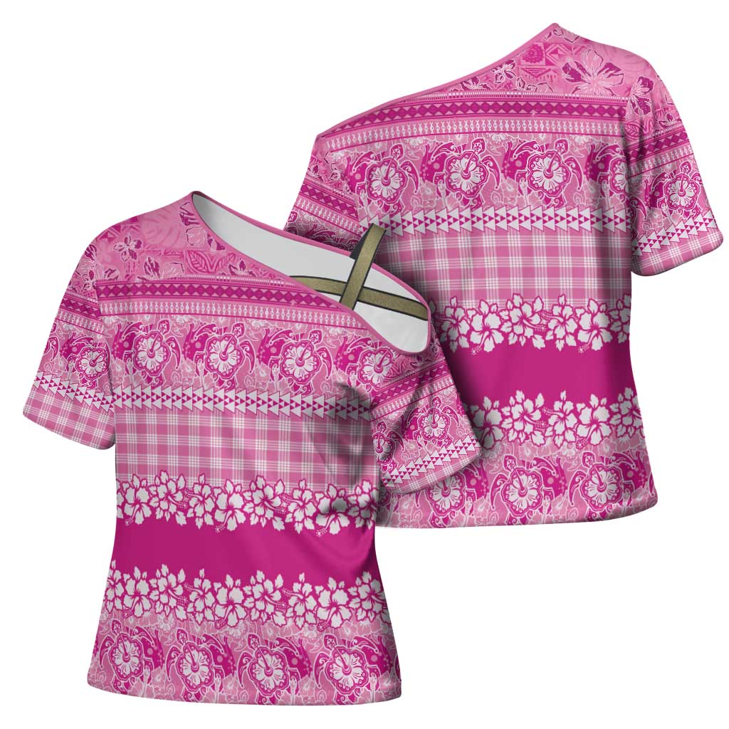 Hawaiian Hibiscus Honu Cross Shoulder Shirt Pink Mele Kalikimaka Palaka Spirit - Polynesian Pride
