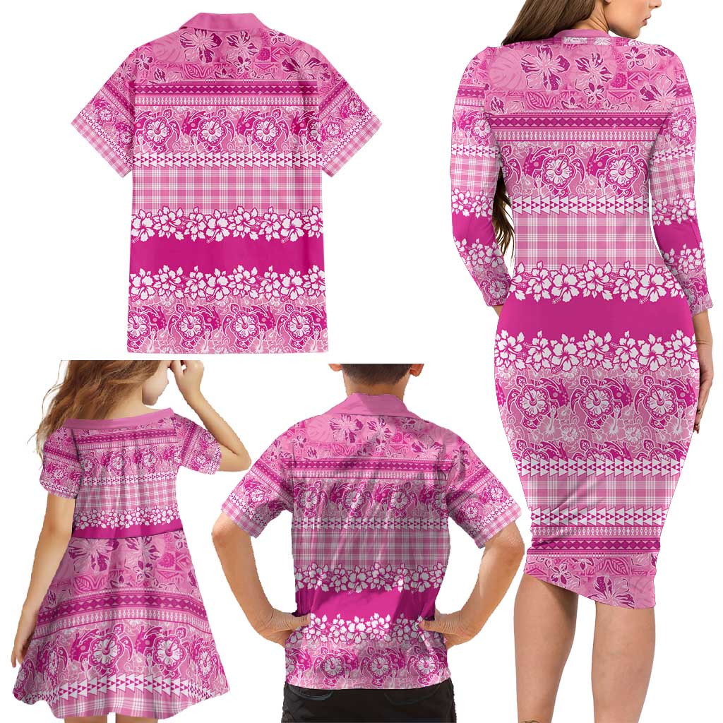 Hawaiian Hibiscus Honu Family Matching Long Sleeve Bodycon Dress and Hawaiian Shirt Pink Mele Kalikimaka Palaka Spirit - Polynesian Pride