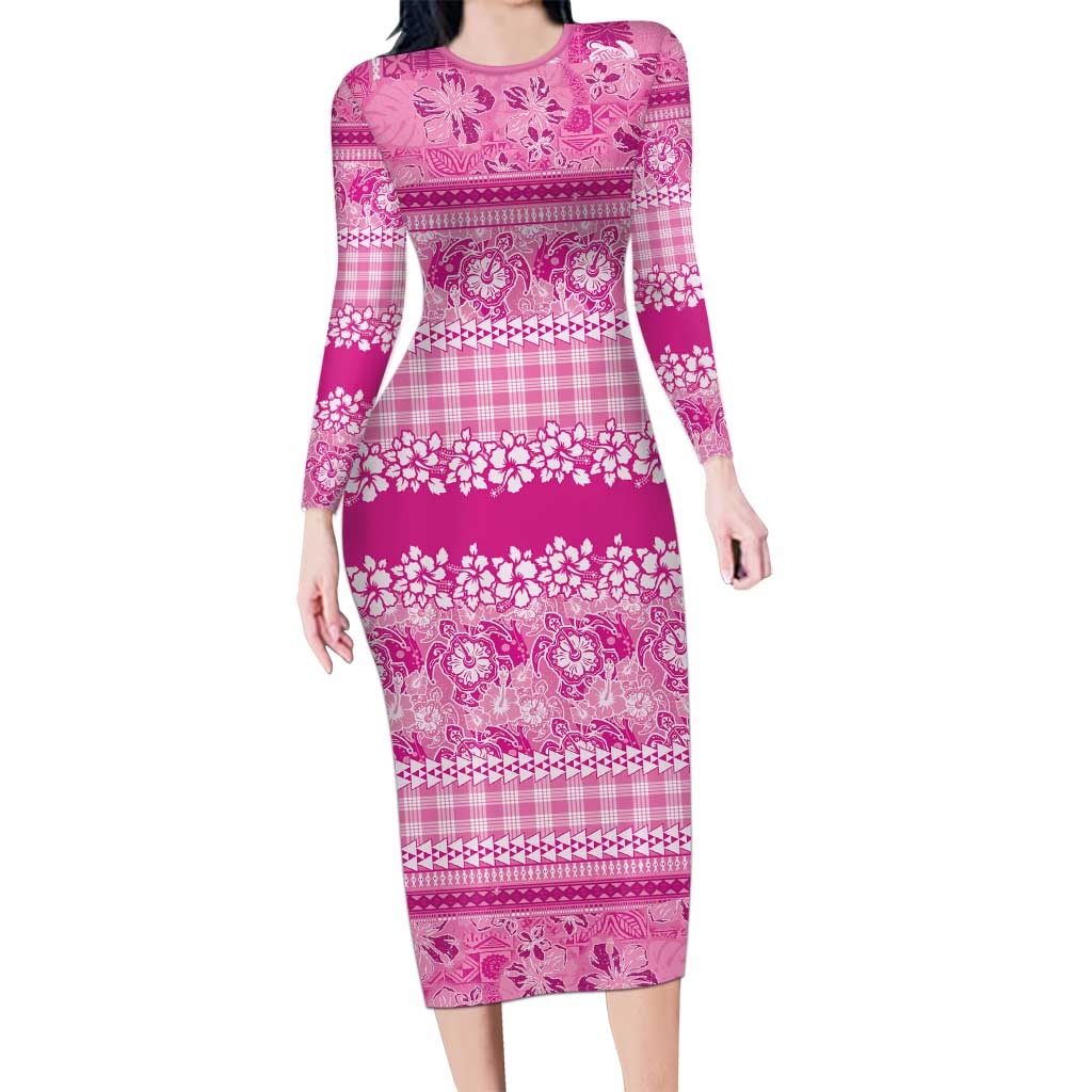 Hawaiian Hibiscus Honu Family Matching Long Sleeve Bodycon Dress and Hawaiian Shirt Pink Mele Kalikimaka Palaka Spirit - Polynesian Pride