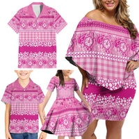 Hawaiian Hibiscus Honu Family Matching Off Shoulder Short Dress and Hawaiian Shirt Pink Mele Kalikimaka Palaka Spirit - Polynesian Pride