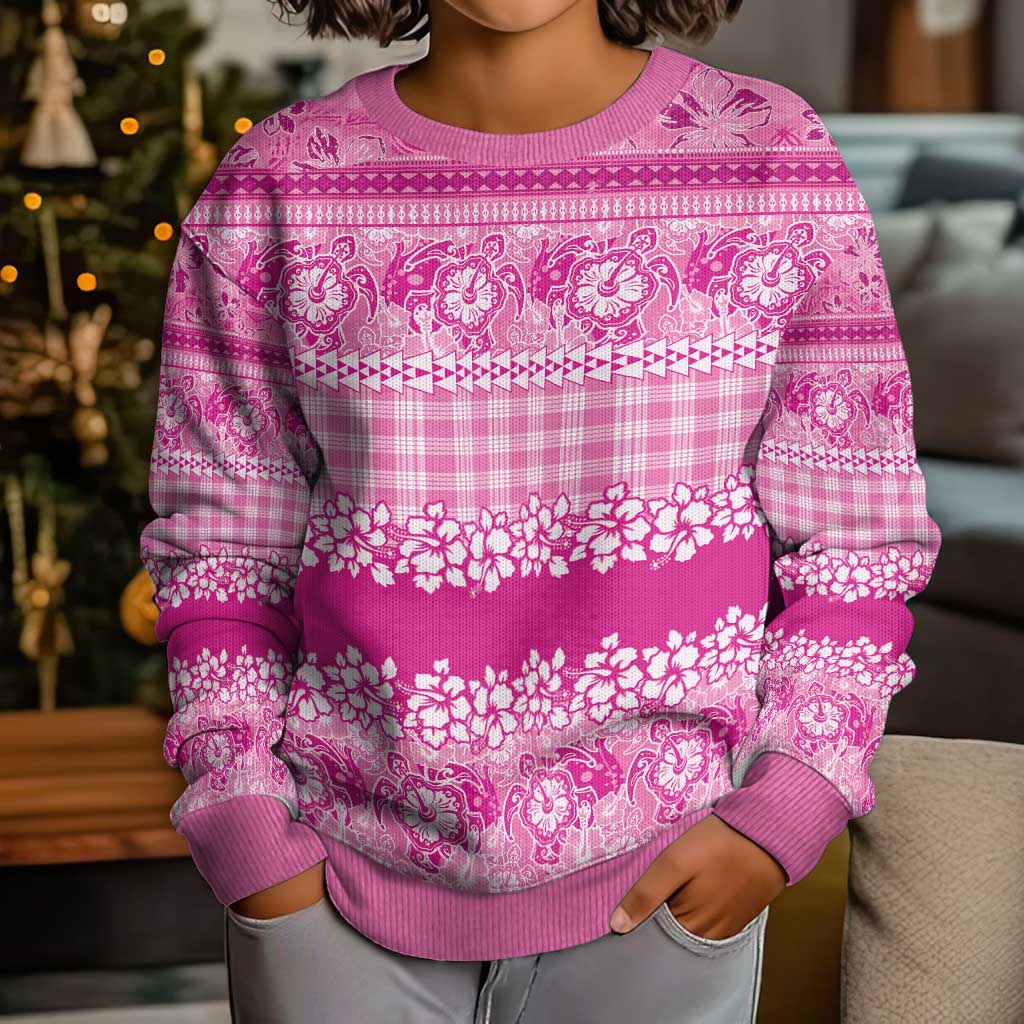 Hawaiian Hibiscus Honu Kid Ugly Christmas Sweater Pink Mele Kalikimaka Palaka Spirit - Polynesian Pride