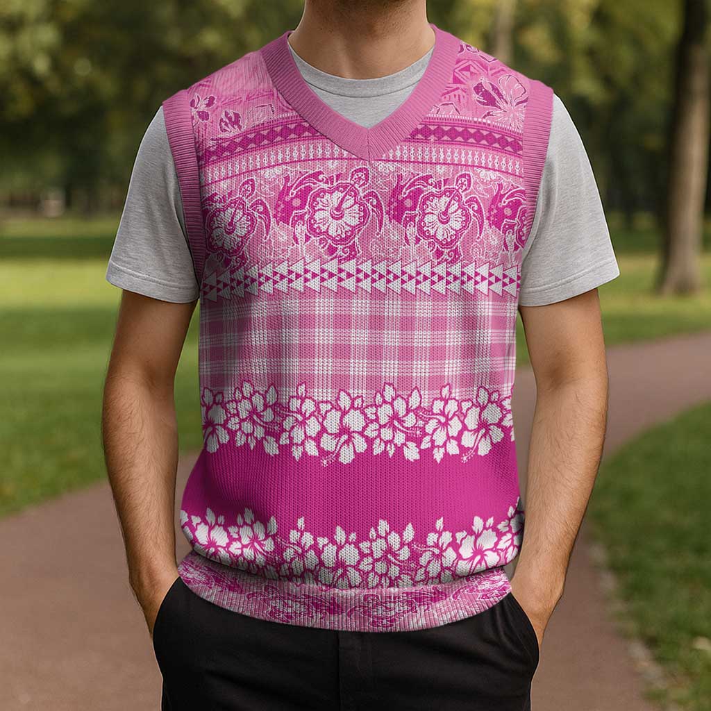 Hawaiian Hibiscus Honu Christmas Knitted V-Neck Vest Pink Mele Kalikimaka Palaka Spirit - Polynesian Pride