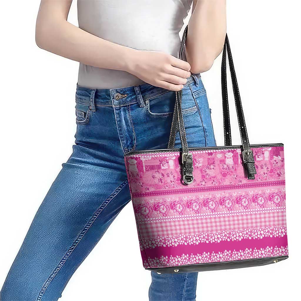 Hawaiian Hibiscus Honu Leather Tote Bag Pink Mele Kalikimaka Palaka Spirit - Polynesian Pride