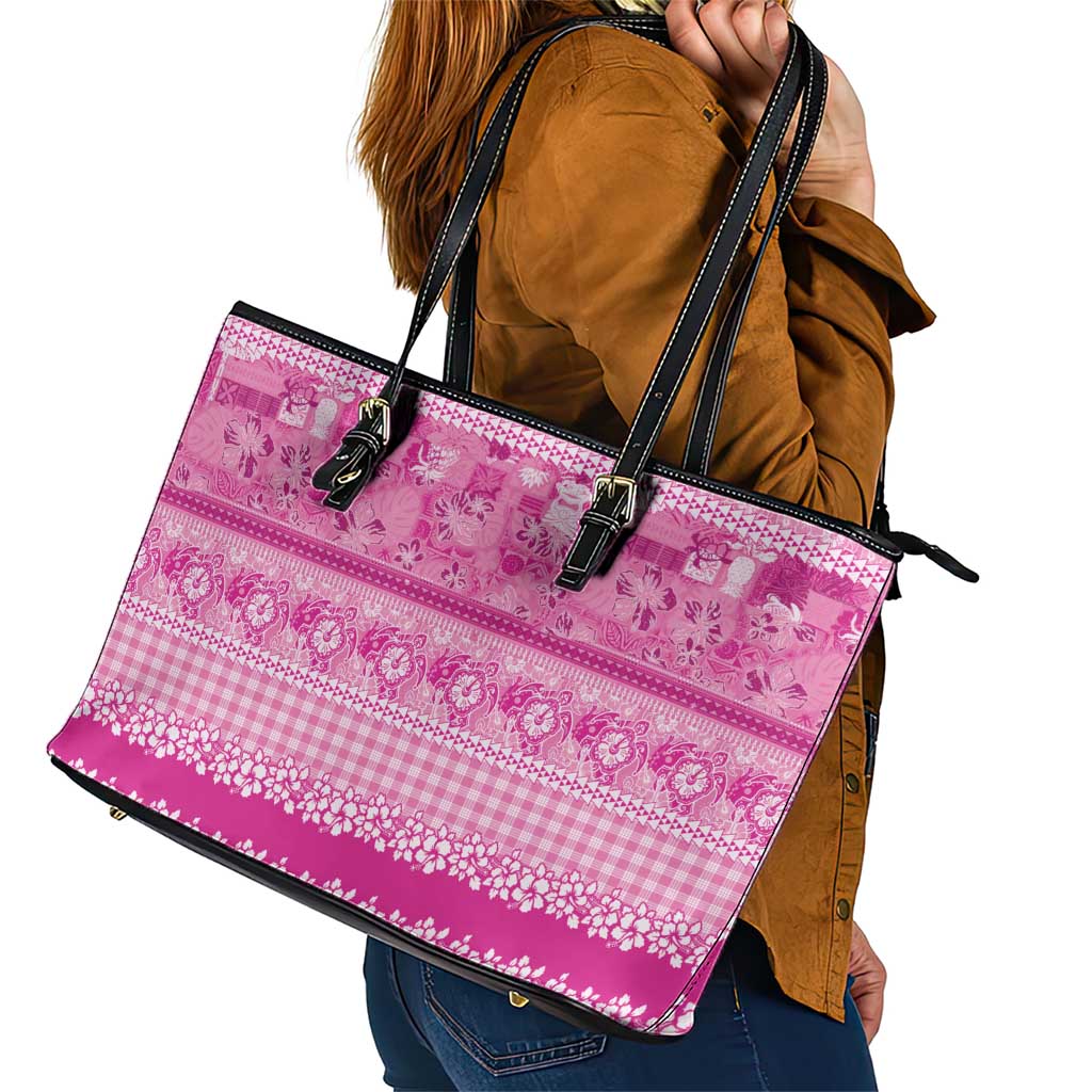 Hawaiian Hibiscus Honu Leather Tote Bag Pink Mele Kalikimaka Palaka Spirit - Polynesian Pride