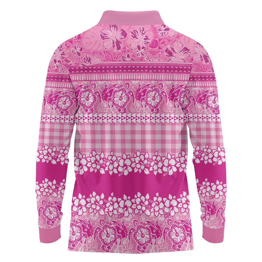 Hawaiian Hibiscus Honu Long Sleeve Polo Shirt Pink Mele Kalikimaka Palaka Spirit - Polynesian Pride