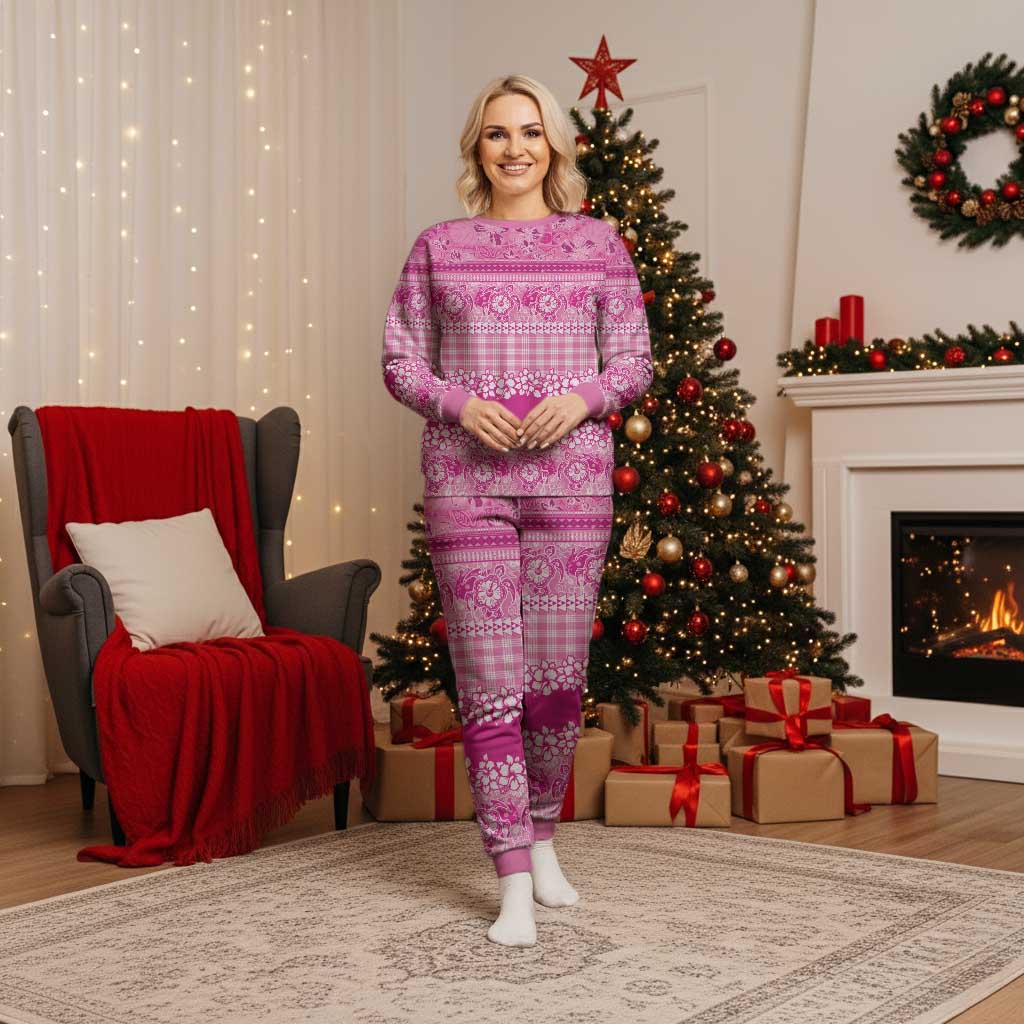 Hawaiian Hibiscus Honu Christmas Pajama Set Pink Mele Kalikimaka Palaka Spirit - Polynesian Pride