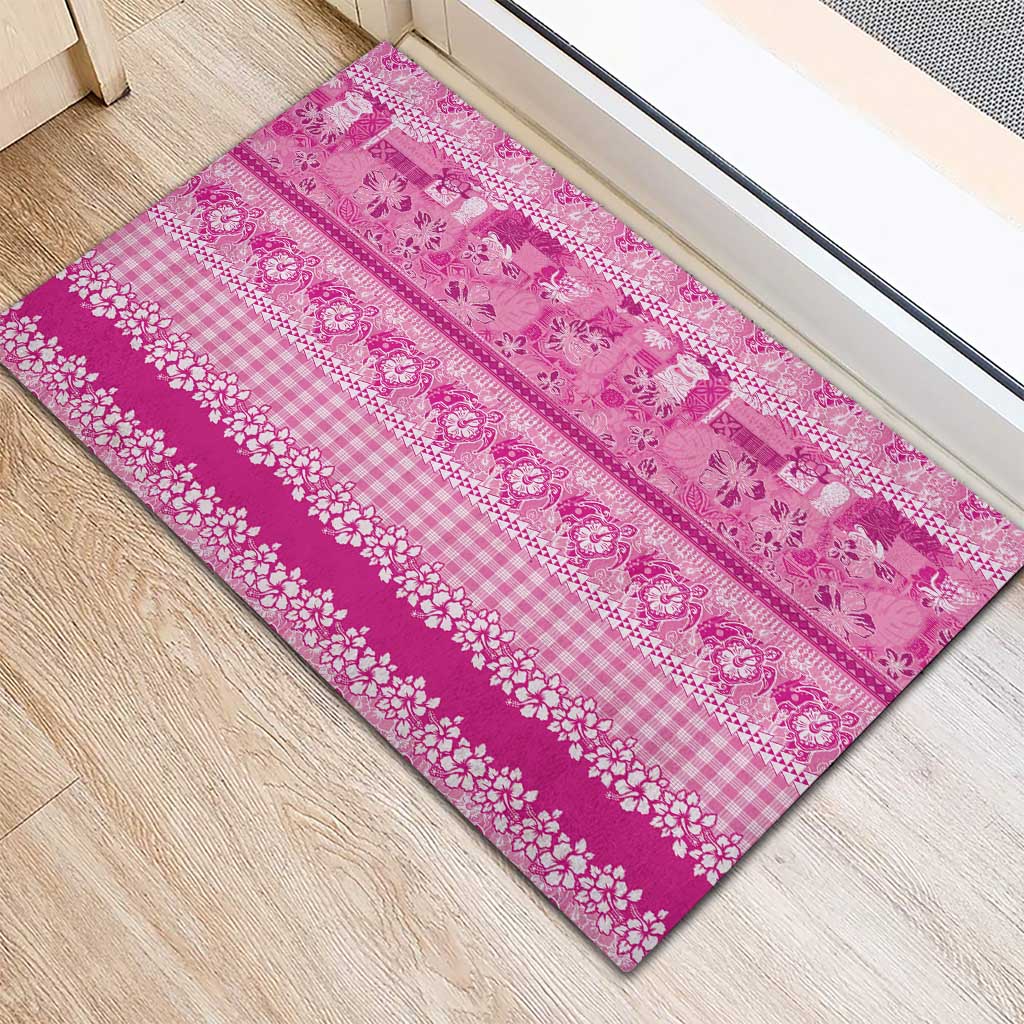 Hawaiian Hibiscus Honu Rubber Doormat Pink Mele Kalikimaka Palaka Spirit - Polynesian Pride