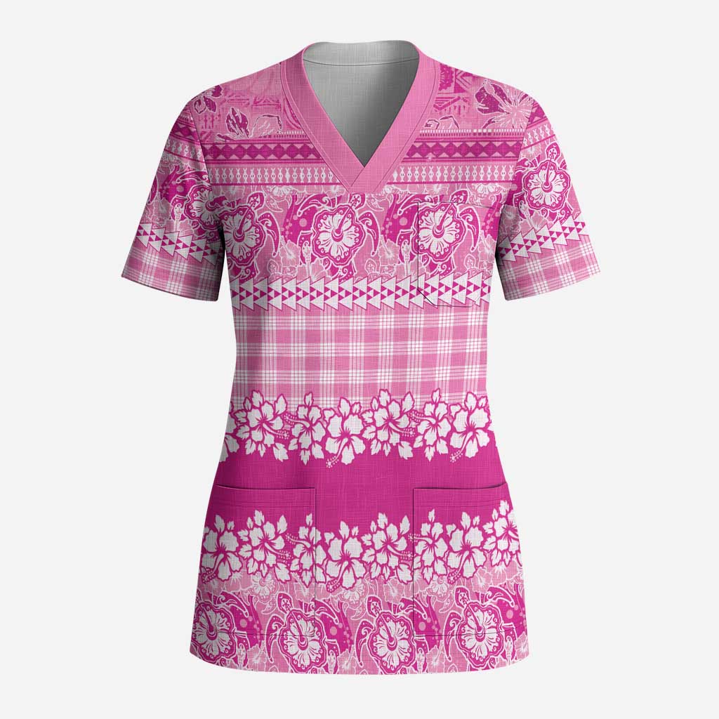 Hawaiian Hibiscus Honu Scrub Top Pink Mele Kalikimaka Palaka Spirit - Polynesian Pride
