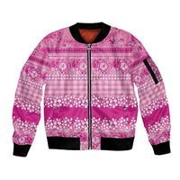 Hawaiian Hibiscus Honu Sleeve Zip Bomber Jacket Pink Mele Kalikimaka Palaka Spirit - Polynesian Pride