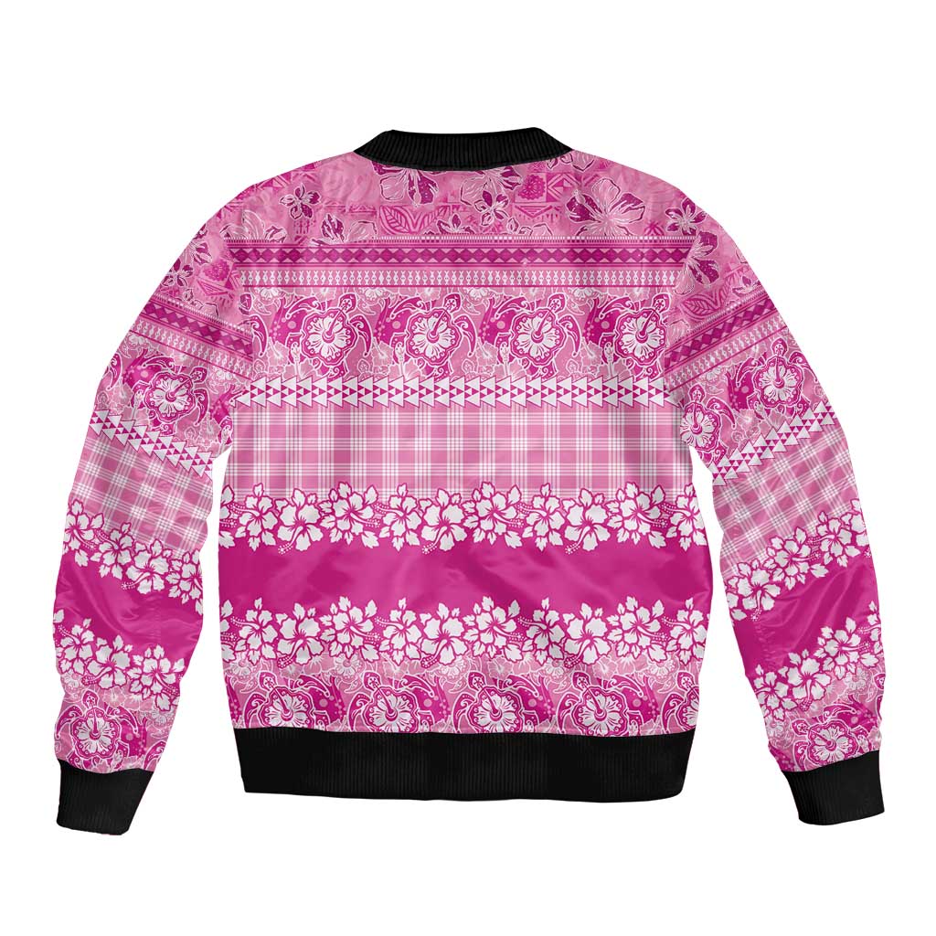 Hawaiian Hibiscus Honu Sleeve Zip Bomber Jacket Pink Mele Kalikimaka Palaka Spirit - Polynesian Pride