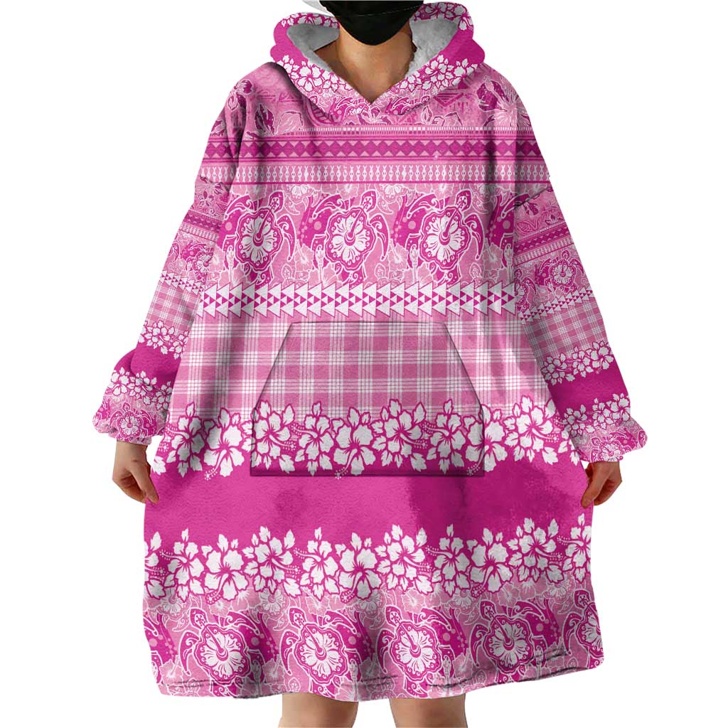 Hawaiian Hibiscus Honu Wearable Blanket Hoodie Pink Mele Kalikimaka Palaka Spirit - Polynesian Pride