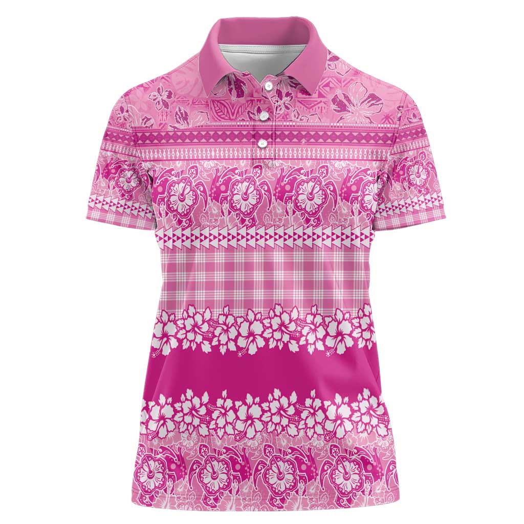 Hawaiian Hibiscus Honu Women Polo Shirt Pink Mele Kalikimaka Palaka Spirit - Polynesian Pride