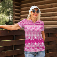 Hawaiian Hibiscus Honu Women Polo Shirt Pink Mele Kalikimaka Palaka Spirit - Polynesian Pride