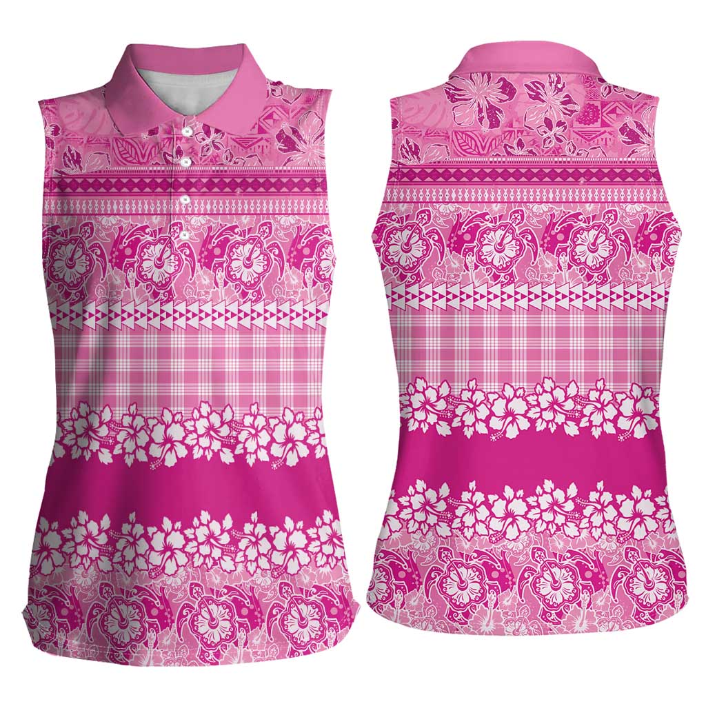 Hawaiian Hibiscus Honu Women Sleeveless Polo Shirt Pink Mele Kalikimaka Palaka Spirit - Polynesian Pride