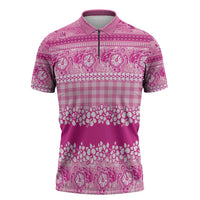 Hawaiian Hibiscus Honu Zipper Polo Shirt Pink Mele Kalikimaka Palaka Spirit - Polynesian Pride