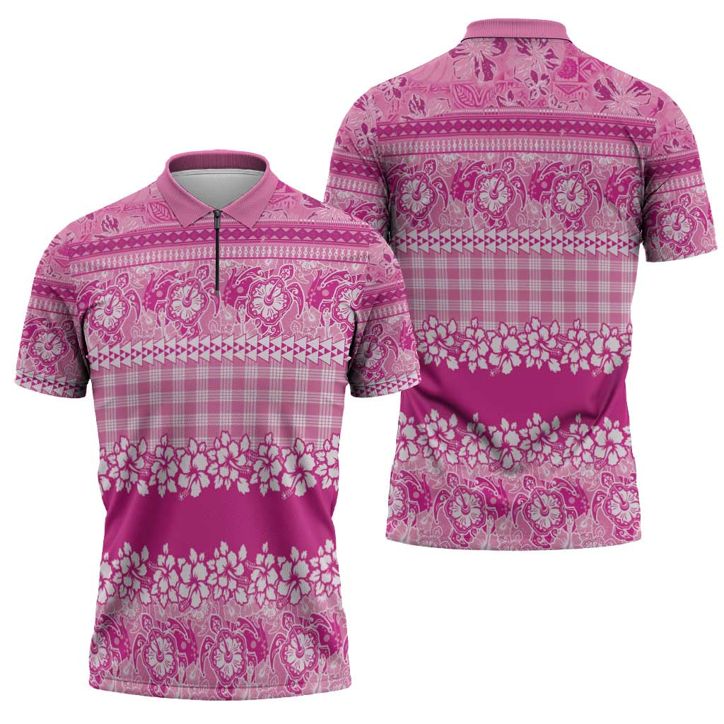 Hawaiian Hibiscus Honu Zipper Polo Shirt Pink Mele Kalikimaka Palaka Spirit - Polynesian Pride