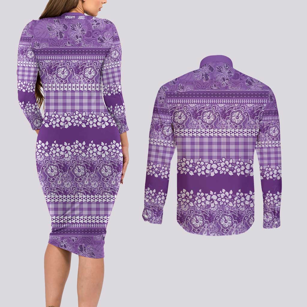 Hawaiian Hibiscus Honu Couples Matching Long Sleeve Bodycon Dress and Long Sleeve Button Shirt Purple Mele Kalikimaka Palaka Spirit - Polynesian Pride