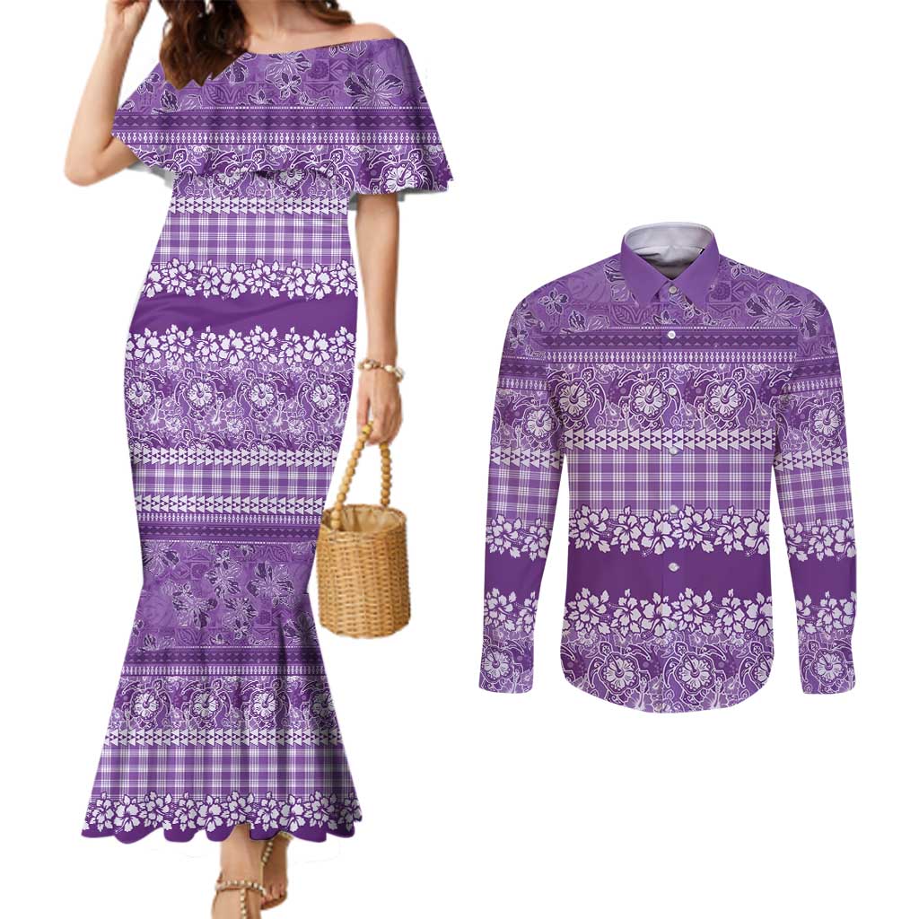 Hawaiian Hibiscus Honu Couples Matching Mermaid Dress and Long Sleeve Button Shirt Purple Mele Kalikimaka Palaka Spirit - Polynesian Pride