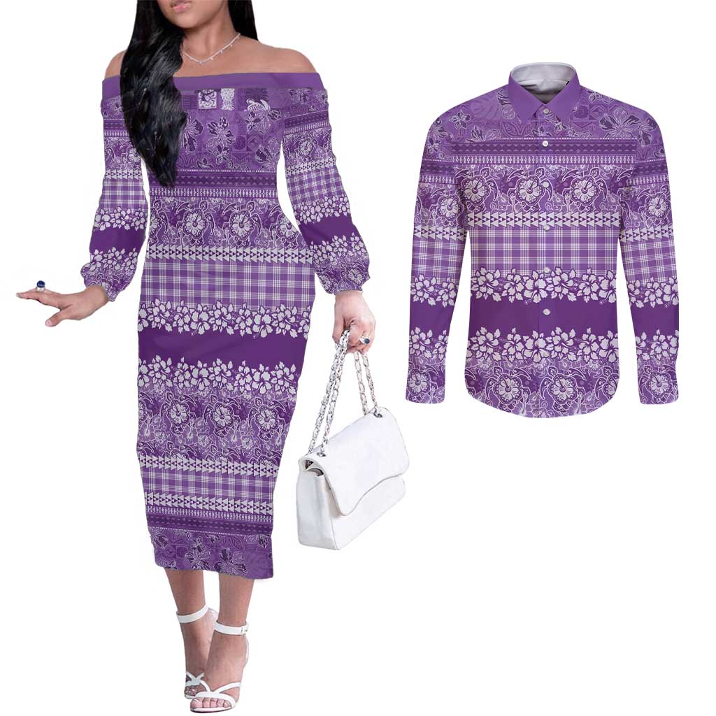 Hawaiian Hibiscus Honu Couples Matching Off The Shoulder Long Sleeve Dress and Long Sleeve Button Shirt Purple Mele Kalikimaka Palaka Spirit - Polynesian Pride