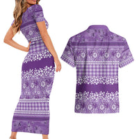 Hawaiian Hibiscus Honu Couples Matching Short Sleeve Bodycon Dress and Hawaiian Shirt Purple Mele Kalikimaka Palaka Spirit - Polynesian Pride