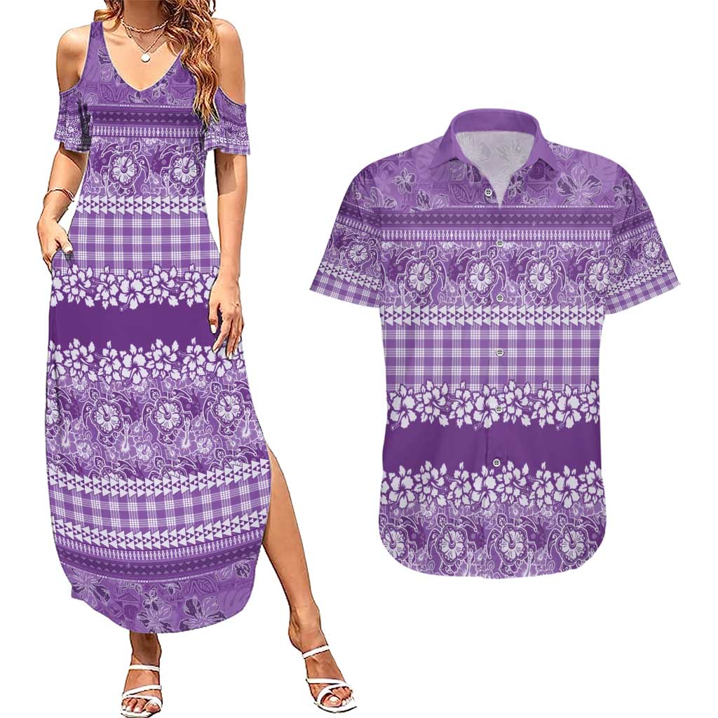 Hawaiian Hibiscus Honu Couples Matching Summer Maxi Dress and Hawaiian Shirt Purple Mele Kalikimaka Palaka Spirit - Polynesian Pride