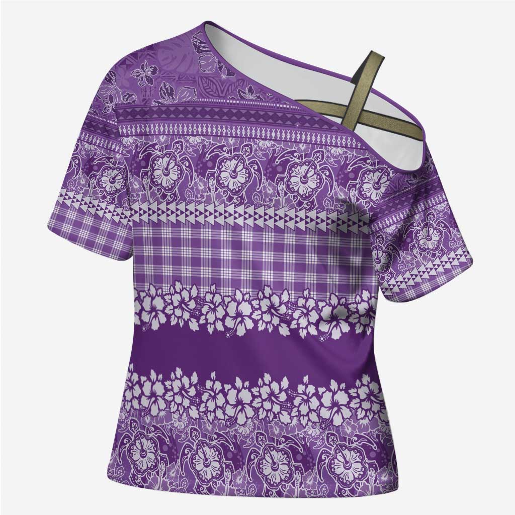Hawaiian Hibiscus Honu Cross Shoulder Shirt Purple Mele Kalikimaka Palaka Spirit - Polynesian Pride