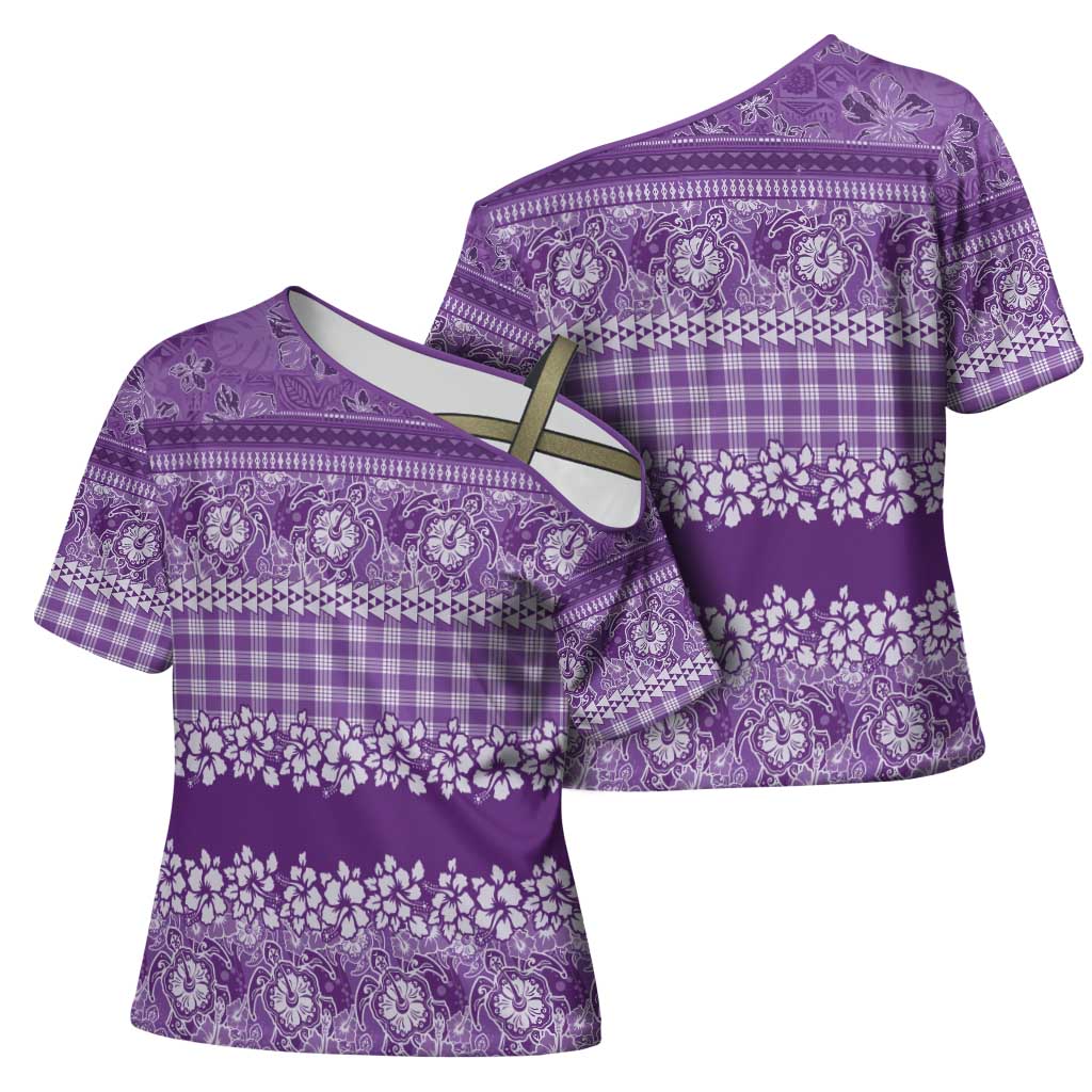 Hawaiian Hibiscus Honu Cross Shoulder Shirt Purple Mele Kalikimaka Palaka Spirit - Polynesian Pride