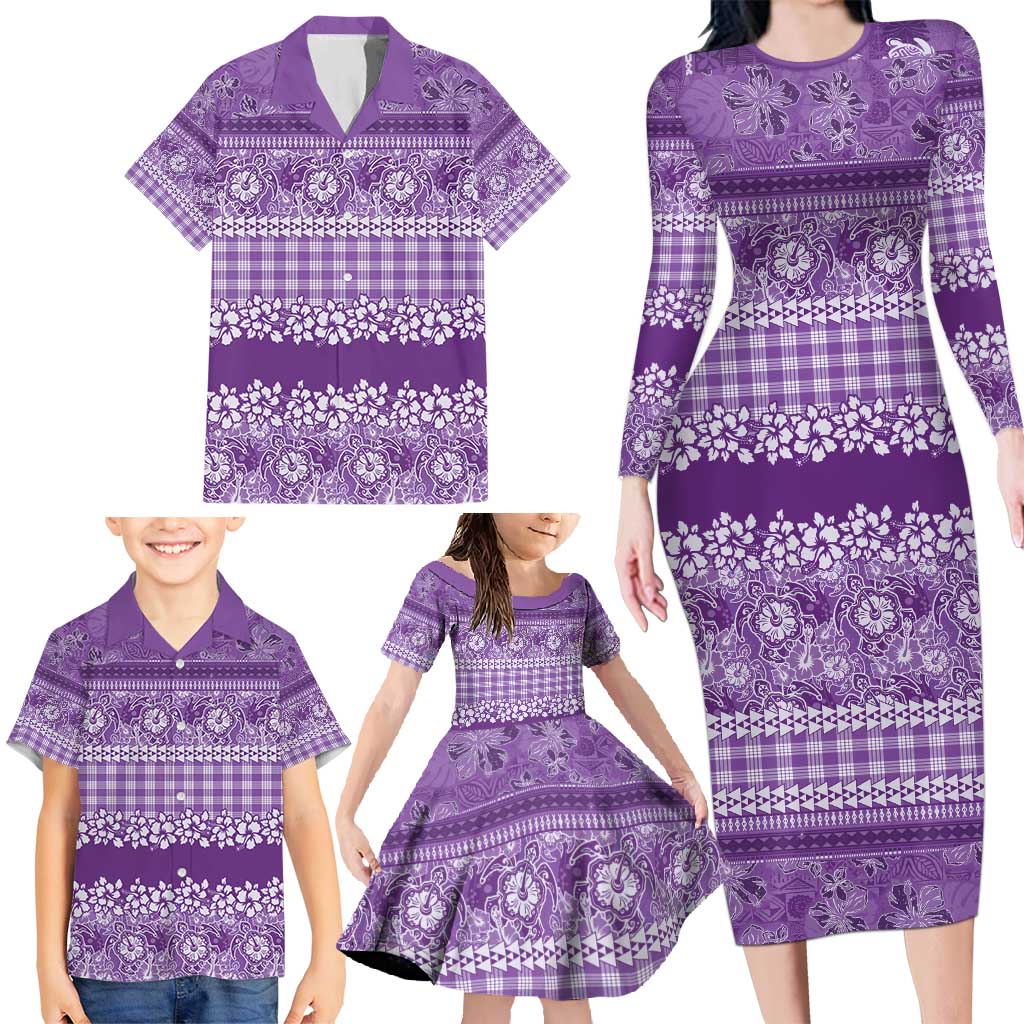 Hawaiian Hibiscus Honu Family Matching Long Sleeve Bodycon Dress and Hawaiian Shirt Purple Mele Kalikimaka Palaka Spirit - Polynesian Pride