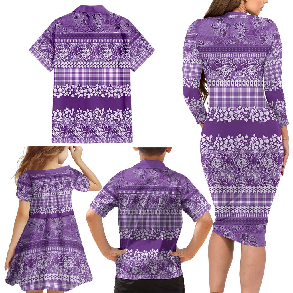 Hawaiian Hibiscus Honu Family Matching Long Sleeve Bodycon Dress and Hawaiian Shirt Purple Mele Kalikimaka Palaka Spirit - Polynesian Pride