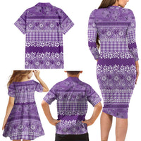 Hawaiian Hibiscus Honu Family Matching Long Sleeve Bodycon Dress and Hawaiian Shirt Purple Mele Kalikimaka Palaka Spirit - Polynesian Pride